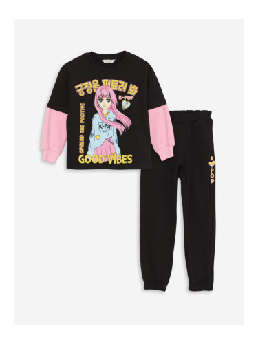 LC Waikiki Girls' Crew Neck Printed Long Sleeve Sweatshirt and Sweatpants