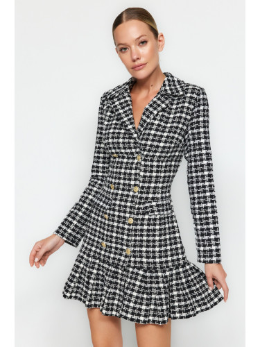 Trendyol черен волан бутон подробни туид тъкани рокля