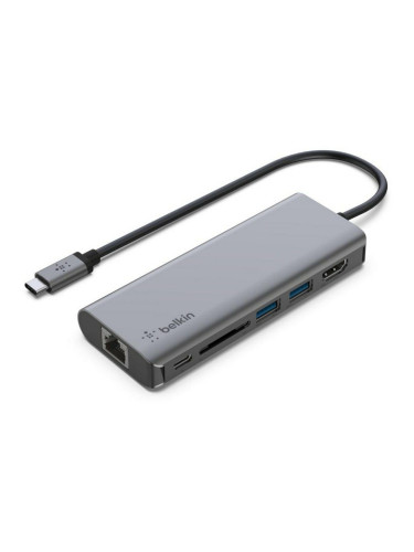 Докинг станция Belkin Connect 6-in-1 Multiport Hub, от USB C към 2x USB A, 1x USB C, 1x HDMI 4K, 1x RJ-45, 1x SD четец, тъмносива