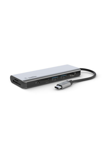 Докинг станция Belkin AVC009btSGY, от USB-C към 2x USB Type-A, 1x USB Type-C, 1x MicroSD слот, 1x SD слот, 1x HDMI, 1x 3.5mm жак, сива