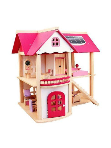 Дървена къща за кукли с обзавеждане и соларен панел