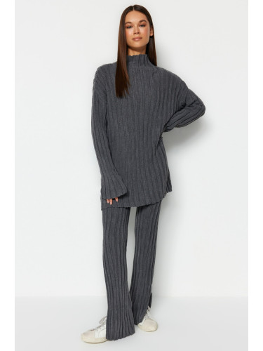 Trendyol Anthracite Corded Trousers Slit Detailed Knitwear Bottom-Top Set