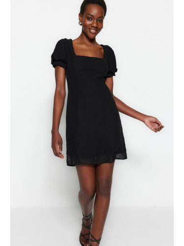 Trendyol Black Straight Cut Mini Woven Chiffon Lined Square Collar Woven Dress