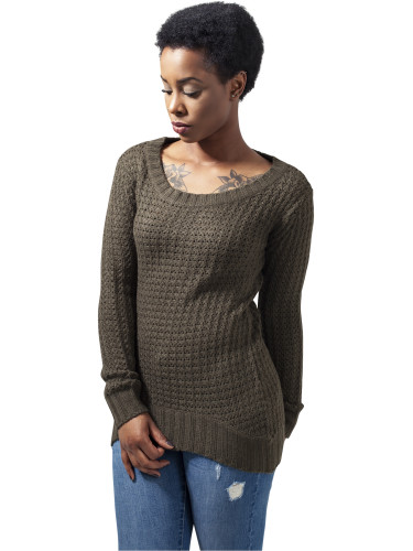 Women's sweater with a long wide neckline olive