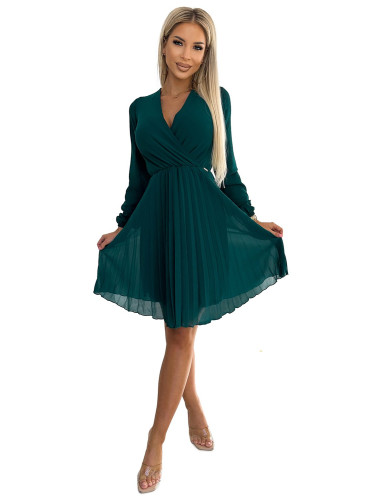 Pleated chiffon dress with long sleeves and a Numoco neckline
