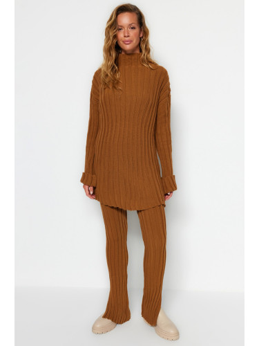 Trendyol Brown Corduroy Trousers Slit Detailed Knitwear Bottom-Top Set