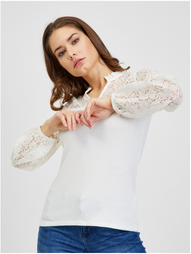 Cream Women's T-shirt with lace ORSAY - Women