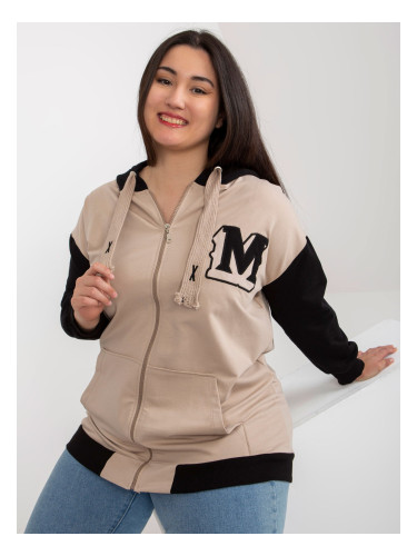 Beige and black plus size zip-up sweatshirt with patch