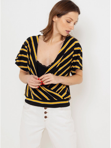 Black and yellow striped blouse with folded CAMAIEU