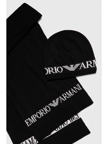 Шапка и шал с вълна Emporio Armani в черно