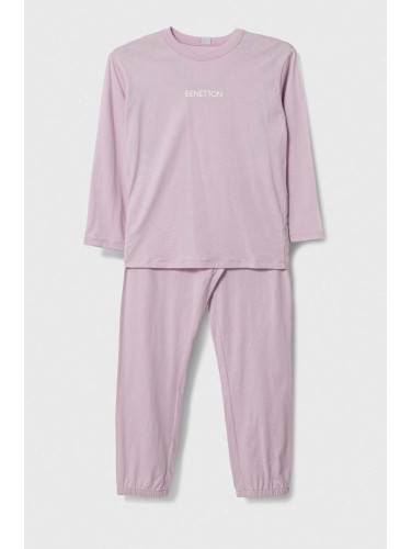 Детска памучна пижама United Colors of Benetton в розово с принт