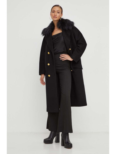 Вълнено палто Elisabetta Franchi в черно преходен модел с уголемена кройка