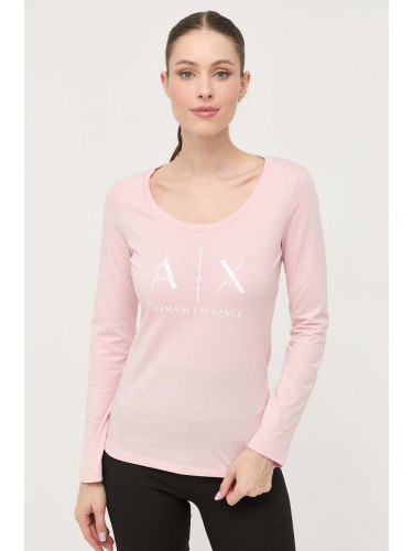 Памучна блуза с дълги ръкави Armani Exchange в розово