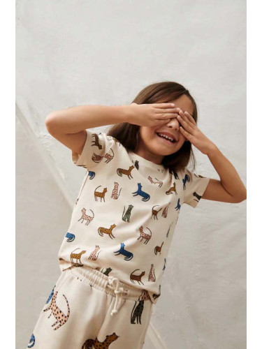 Детска памучна тениска Liewood в бежово с принт