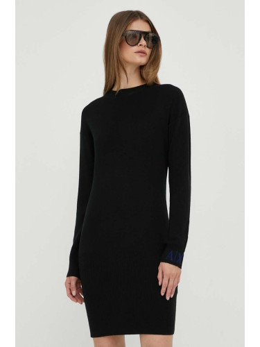 Вълнена рокля Armani Exchange в черно среднодълга със стандартна кройка