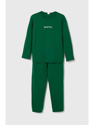 Детска памучна пижама United Colors of Benetton в зелено с принт