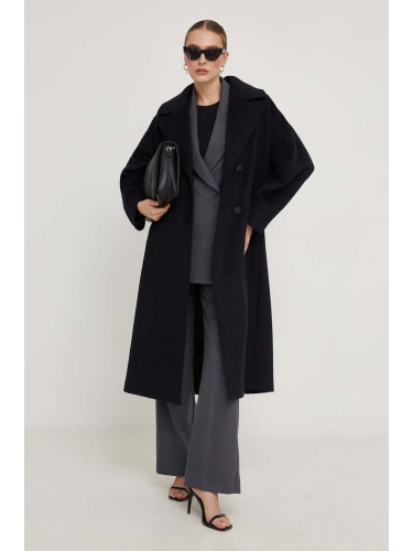 Вълнено палто Answear Lab в тъмносиньо преходен модел с уголемена кройка
