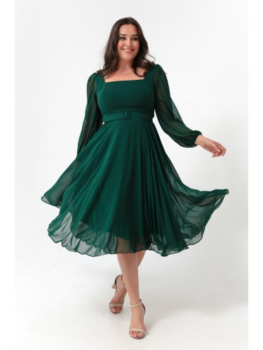 Lafaba жените изумрудено зелено квадратно деколте с колан midi шифон плюс размер вечерна рокля.