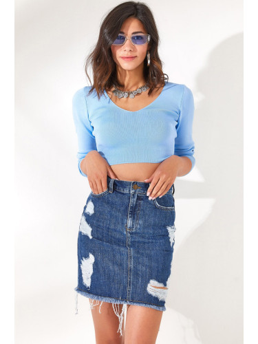 Olalook Women's Blue Mini Denim Skirt with Pockets and Torn Detail