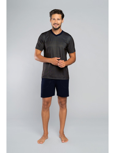 Men's pyjamas Norman, short sleeves, shorts - print rosette/navy blue