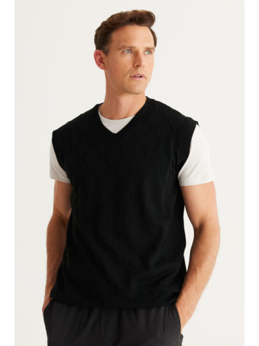 ALTINYILDIZ CLASSICS Men's Black Standard Fit Normal Cut V-Neck Knitwear Sweater.