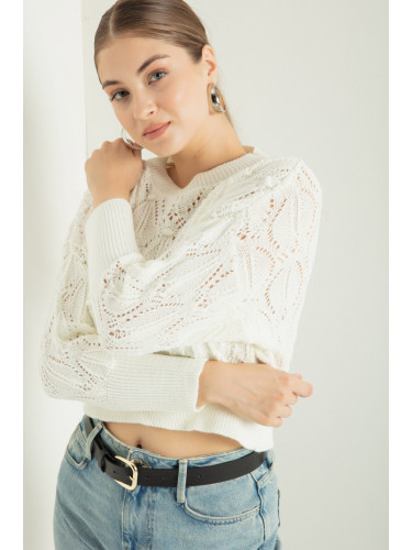 Lafaba Women's White Crew Neck Openwork/Perforated Knitwear Sweater