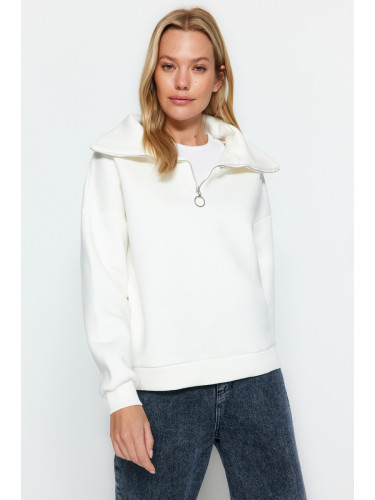 Trendyol Ecru Zipper High Neck Thick Fleece Inside Regular Fit Knitted Sweatshirt