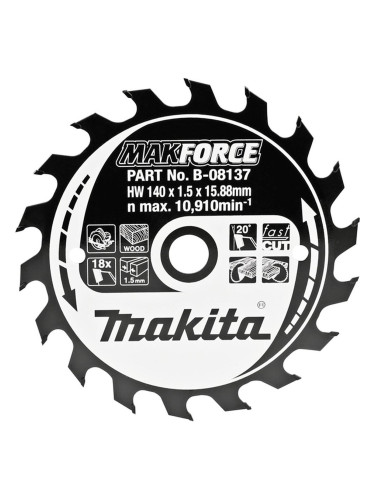 Циркулярен TCT режещ диск за дърво, Makita MAKFORCE B-08137, 140x15.88x12T