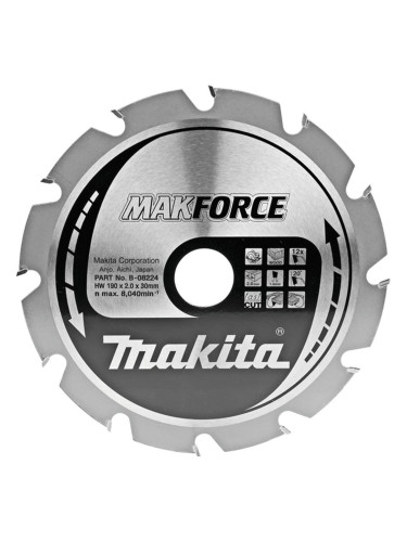 Циркулярен TCT режещ диск за дърво, 190x30 мм, 12 зъба, Makita B-08224 MakForce