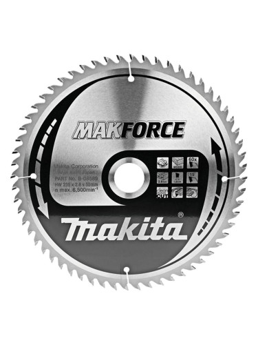 Циркулярен TCT режещ диск за дърво, Makita MAKFORCE B-08589, 235x30x60T
