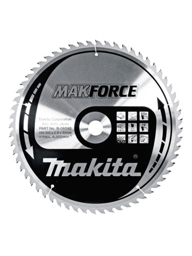 Циркулярен TCT режещ диск за дърво, Makita MAKFORCE B-08595, 355x30x60T