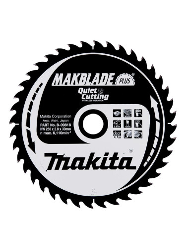 Циркулярен TCT режещ диск за дърво, Makita MAKBlade Plus B-09818, 250x30x40T