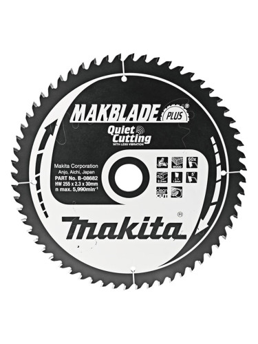 Циркулярен TCT режещ диск за дърво, Makita MAKBlade Plus B-08682, 255x30x60T