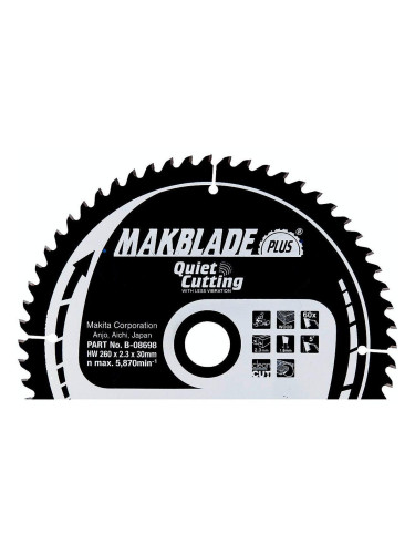 Циркулярен TCT режещ диск за дърво, Makita MAKBlade Plus B-08698, 260x30x60T