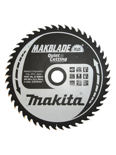 Циркулярен TCT режещ диск за дърво, Makita MAKBlade Plus B-09824, 260x30x48T