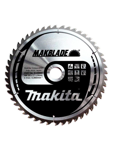 Циркулярен TCT режещ диск за дърво, Makita MAKBlade B-08888, 255x30x48T