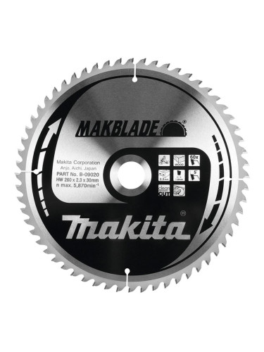 Циркулярен TCT режещ диск за дърво, Makita MAKBlade B-09020, 260x30x60T