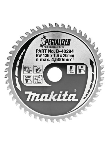 Циркулярен TCT режещ диск за алуминий Makita SPECIALIZED B-40294, 136x20x50T