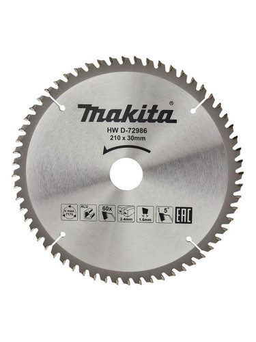 Диск циркулярен за рязане на алуминий, 210x30 мм, 60 зъба, Makita D-72986