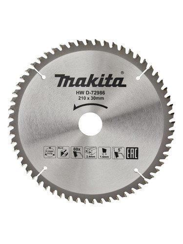 Циркулярен TCT режещ диск за алуминий, Makita D-72986, 210x30x60T