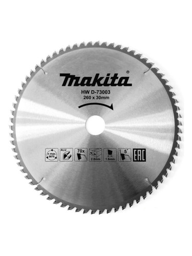 Циркулярен TCT режещ диск за алуминий, Makita D-73003, 260x30x70T
