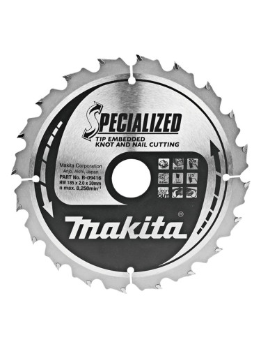 Циркулярен TCT режещ диск за дърво с пирони, Makita SPECIALIZED B-09416, 185x30x20T