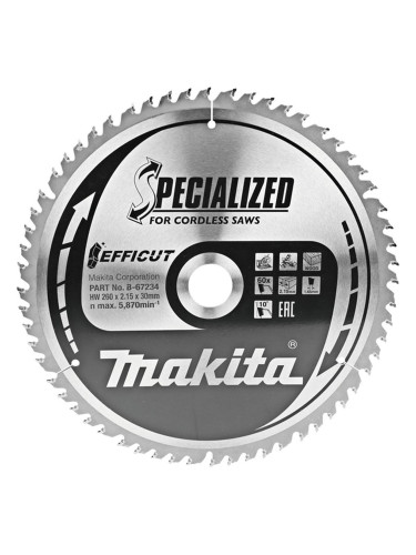 Циркулярен TCT режещ диск за дърво, Makita SPECIALIZED EFFICUT B-67234, 260x30x60T