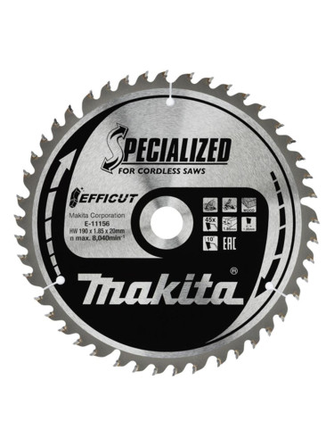 Циркулярен TCT режещ диск за дърво, Makita SPECIALIZED EFFICUT E-11156, 190x20x45T