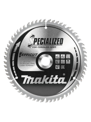 Циркулярен TCT режещ диск за дърво, Makita SPECIALIZED EFFICUT E-11162, 190x20x60T