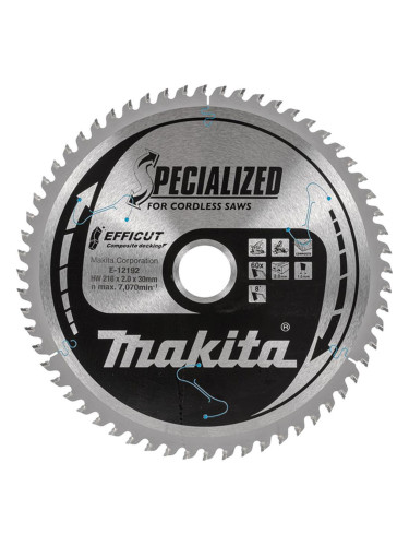 Циркулярен TCT режещ диск за композитен декинг Makita SPECIALIZED EFFICUT E-12192, 216x30x60T