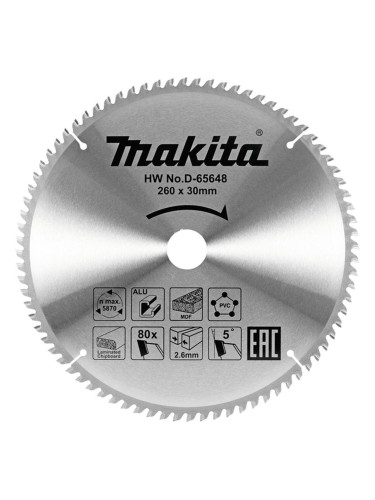 Многофункционален циркулярен TCT режещ диск, Makita D-65648, 260x30x80T