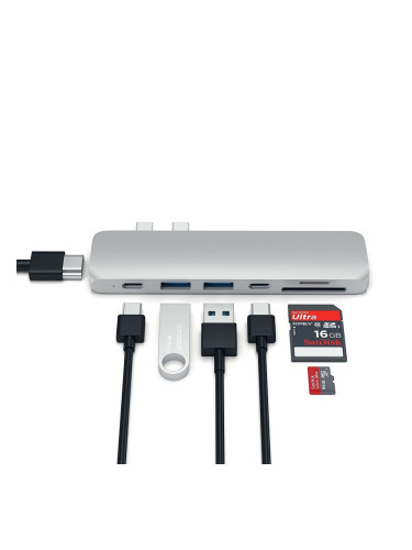 Докинг станция Satechi ST-CMBPS, от USB C към 1x USB C(TB3), 1x USB C, 2x USB A, 1x HDMI, 1x SD/MicroSD четец на карти, сребриста
