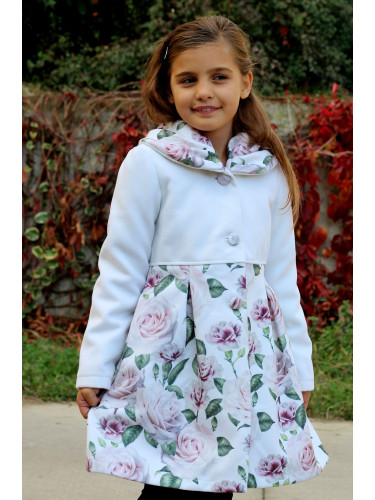 Детско палто за момиче в бяло на цветя с красива яка
