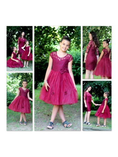 Официална детска рокля в бордо Борислава от дантела и тюл с цветчета